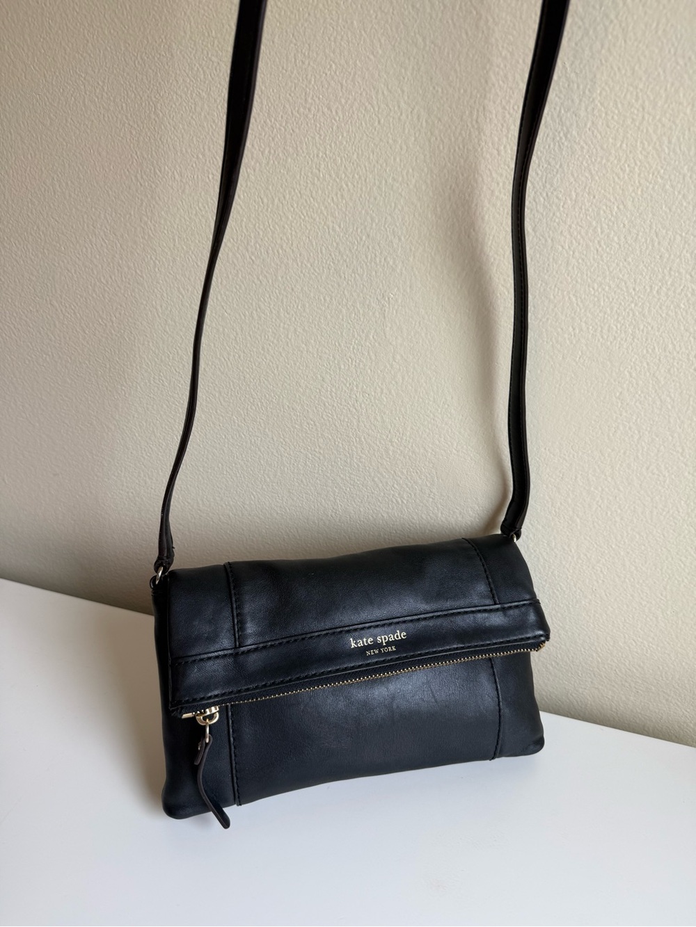 kate spade Black Leather Fold-Over Crossbody with Gold Hardware